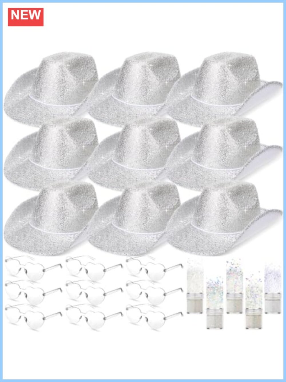 23 Pc Glitter Cowboy Cowgirl Hat Set with Heart Sunglasses & Sequins Party